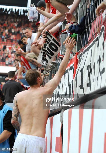 Marcel Risse of Koeln gestures after the Bundesliga match between 1. FC Koeln and FC Schalke 04 at RheinEnergieStadion on April 22, 2018 in Cologne,...