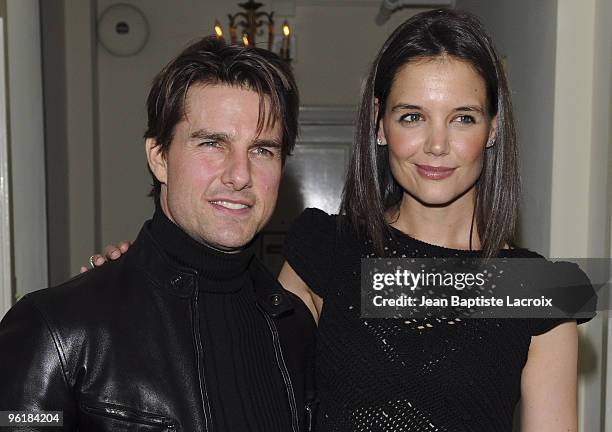 Tom Cruise and Katie Holmes arrive at the NY Times Style Magazine's Golden Globe Awards Cocktail at Chateau Marmont on January 15, 2010 in Los...