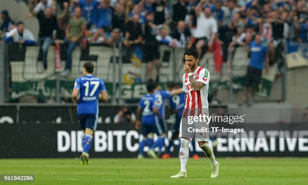 Leonardo Bittencourtof Koeln looks dejected during the Bundesliga match between 1. FC Koeln and FC Schalke 04 at RheinEnergieStadion on April 22,...