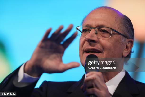 Geraldo Alckmin, presidential candidate for the Brazilian Social Democracy Party , gestures while speaking during a National Confederation of...