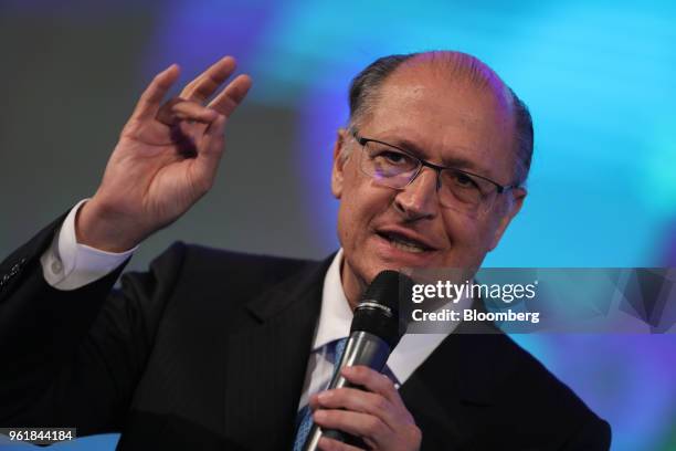 Geraldo Alckmin, presidential candidate for the Brazilian Social Democracy Party , gestures while speaking during a National Confederation of...