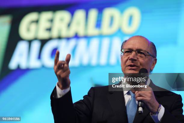 Geraldo Alckmin, presidential candidate for the Brazilian Social Democracy Party , gestures while speaking during a National Confederation of...