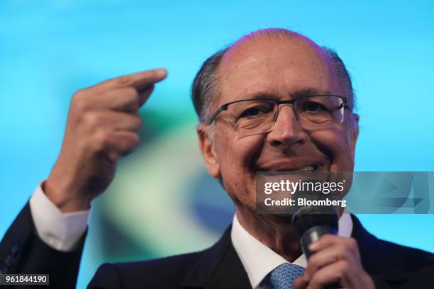 Geraldo Alckmin, presidential candidate for the Brazilian Social Democracy Party , gestures while speaking during a National Confederation of...