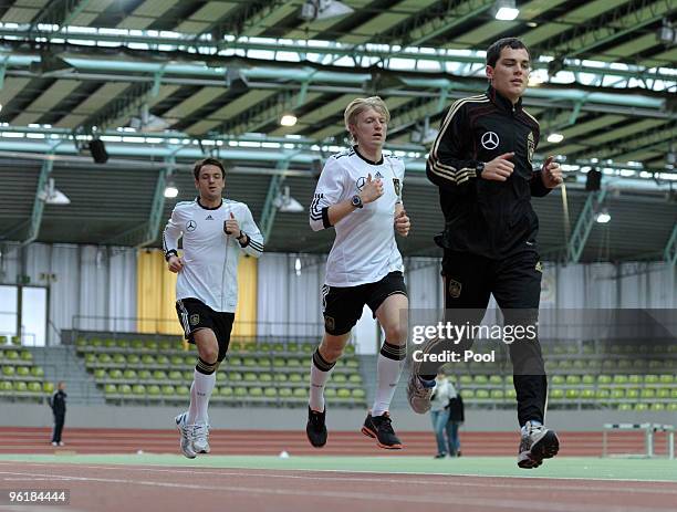 Christian Gentner, Andreas Beck and Marcel Schaefer of the German national football team are seen during a fitness test at the Glaspalast on January...