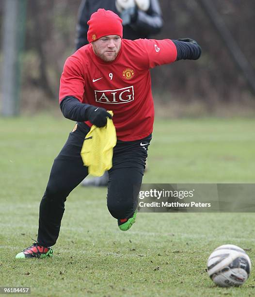 Wayne Rooney of Manchester United in action during a First Team Training Session at Carrington Training Ground on January 26 2010, in Manchester,...