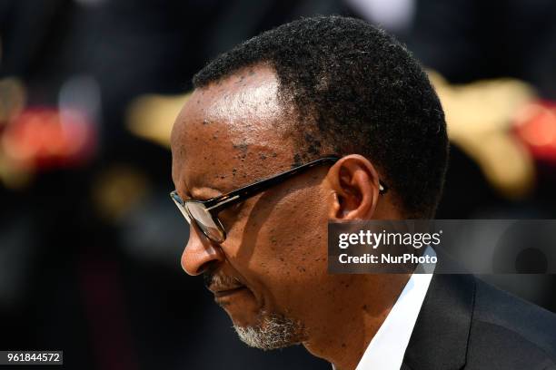 The President of Rwanda Paul Kagame arrives for a meeting with French President Emmanuel Macron at Elysee Palace on May 23, 2018 in Paris, France....