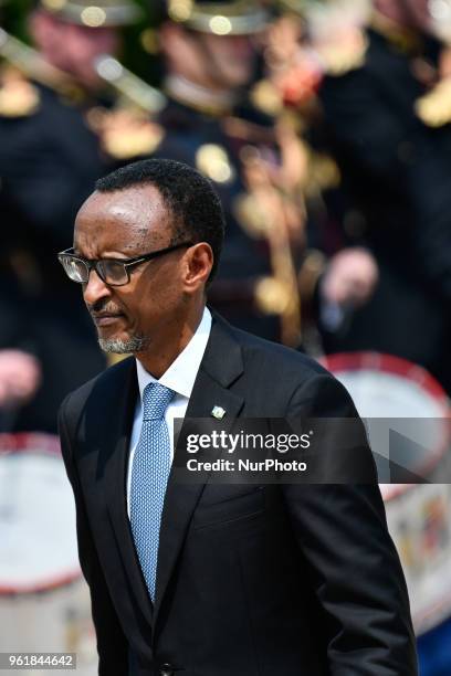 The President of Rwanda Paul Kagame arrives for a meeting with French President Emmanuel Macron at Elysee Palace on May 23, 2018 in Paris, France....