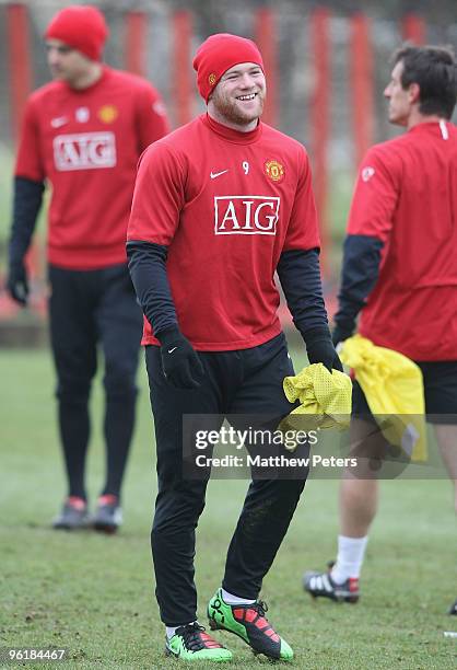 Wayne Rooney of Manchester United in action during a First Team Training Session at Carrington Training Ground on January 26 2010, in Manchester,...