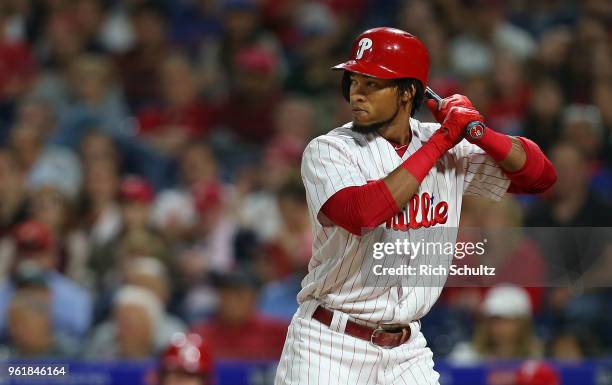 Pedro Florimon of the Philadelphia Phillies in action against the New York Mets during a game at Citizens Bank Park on May 11, 2018 in Philadelphia,...