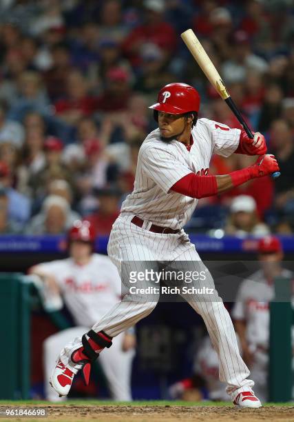 Pedro Florimon of the Philadelphia Phillies in action against the New York Mets during a game at Citizens Bank Park on May 11, 2018 in Philadelphia,...