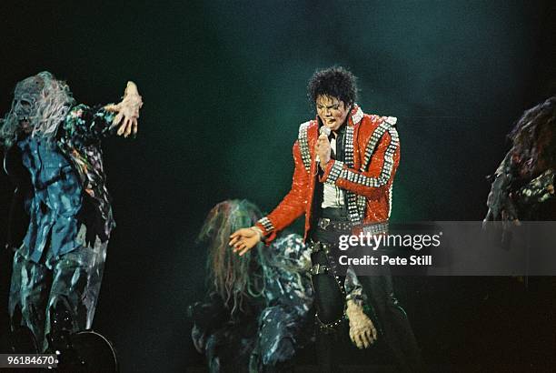 Michael Jackson performs on stage on his BAD tour at Wembley Stadium on 23rd July 1988 in London, United Kingdom.
