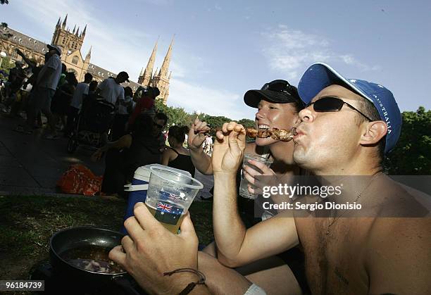 Greg Brown and his partner Shavorne Leek enjoy a Backyard BBQ as Australia celebrates Australia Day at Hyde Park on January 26, 2010 in Sydney,...