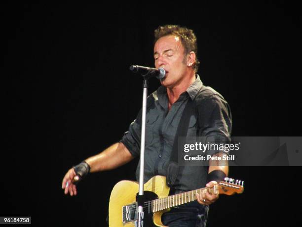 Bruce Springsteen performs on stage on day 3 of Hard Rock Calling 2009 in Hyde Park on June 28, 2009 in London, England.