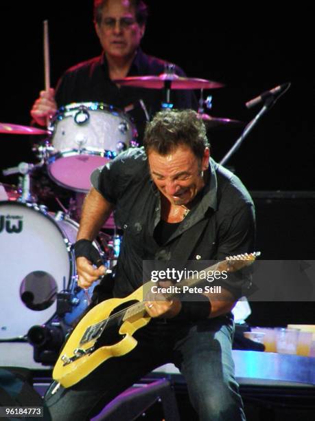 Bruce Springsteen performs on stage on day 3 of Hard Rock Calling 2009 in Hyde Park on June 28, 2009 in London, England.