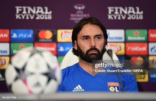 Reynald Pedros, head coach of Lyon looks on during a press conference prior to the UEFA Womens Champions League Final between VfL Wolfsburg and...