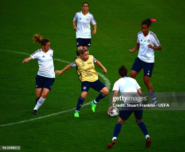 Players of Lyon in action during a training session prior to the UEFA Womens Champions League Final between VfL Wolfsburg and Olympique Lyonnais on...