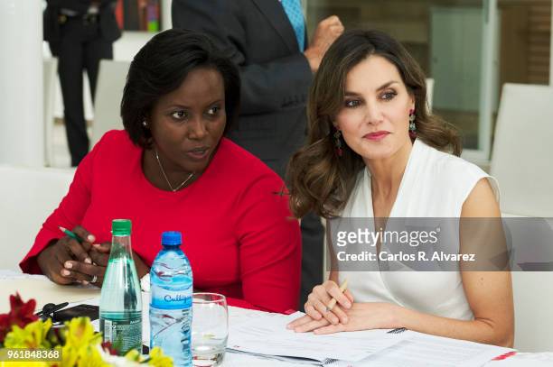 Queen Letizia of Spain and First Lady of Haiti, Martine Moise attend a meeting about the women in Haiti at the 'Mupanah' National Pantenon Museum on...