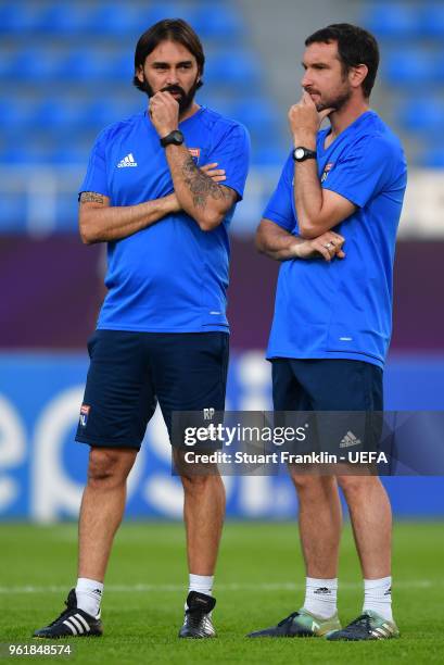 Reynald Pedros, head coach of Lyon looks on during a training session of Olympique Lyonnais prior to the UEFA Womens Champions League Final between...