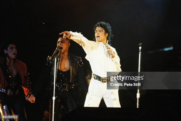 Michael Jackson performs on stage on his BAD tour at Wembley Stadium on 23rd July 1988 in London, United Kingdom.