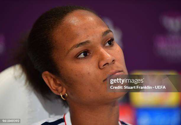 Wendie Renard of Lyon looks on during a press conference prior to the UEFA Womens Champions League Final between VfL Wolfsburg and Olympique Lyonnais...