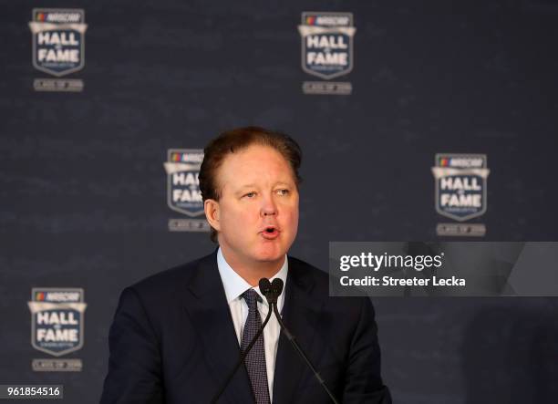 Chief Executive Officer and Chairman, Brian France, speaks during the NACAR Hall of Fame Voting Day at NASCAR Hall of Fame on May 23, 2018 in...