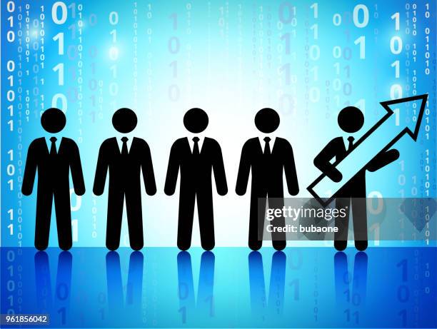 businessmen progress arrow on on binary code blue background - binary code arrow stock illustrations