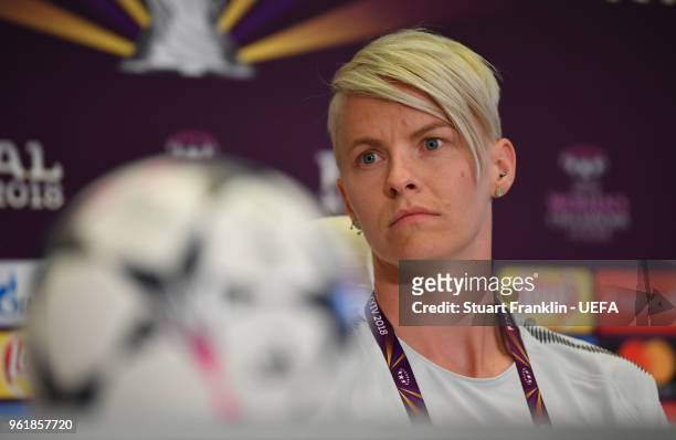 Nilla Fischer of Wolfsburg looks on during the Wolfsburg press conference prior to the UEFA Womens Champions League Final between VfL Wolfsburg and...