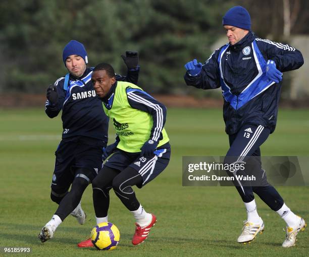 Deco, Gael Kakuta, Michael Ballack of Chelsea in action during a training session at the Cobham Training ground on January 26, 2010 in Cobham,...