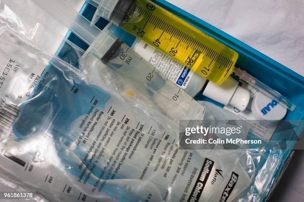 Bag and syringes with utrients used in the treatment of former international footballer Paul 'Gazza' Gascoigne during a nutrient infusion at...