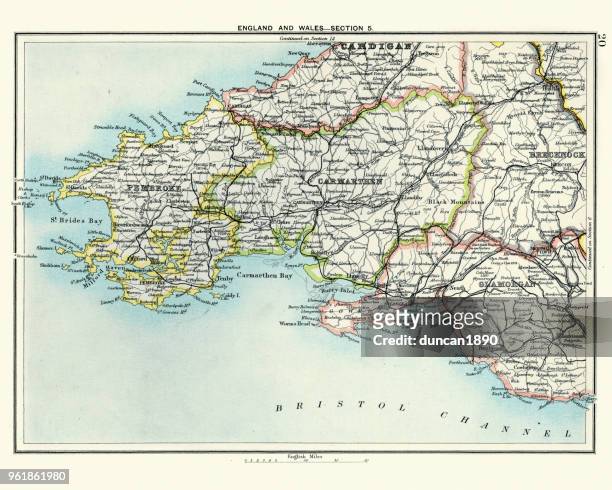 antique map, pembroke, carmarthen, glamorgan, wales, 19th century - south wales stock illustrations