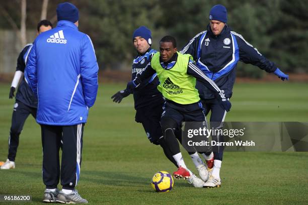 Deco, Gael Kakuta, Michael Ballack of Chelsea in action during a training session at the Cobham Training ground on January 26, 2010 in Cobham,...