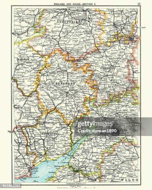 ilustrações de stock, clip art, desenhos animados e ícones de antique map, hereford, worester, monmouth, gloucester, shropshire, 19th century - país de gales