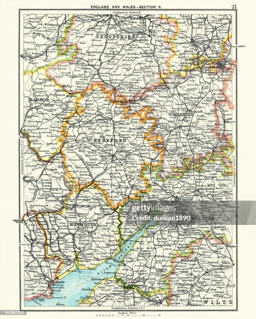 Antique map, Hereford, Worester, Monmouth, Gloucester, Shropshire, 19th Century