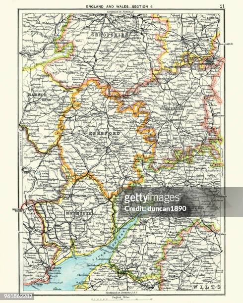 antique map, hereford, worester, monmouth, gloucester, shropshire, 19th century - gloucestershire stock illustrations