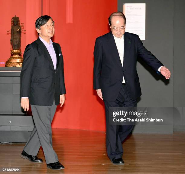 Crown Prince Naruhito visits the 'Echo of a Masterpiece: The Lineage of Beauty in Japanese Art' at the Tokyo National Museum on May 23, 2018 in...