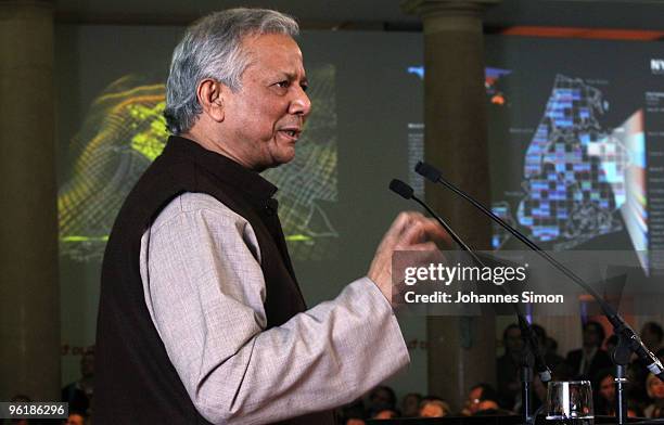 Nobel prize winner Muhammad Yunus delivers a speech during the Digital Life Design conference at HVB Forum on January 26, 2010 in Munich, Germany....