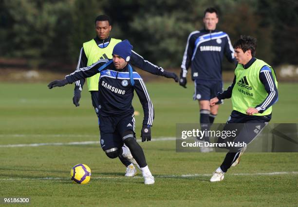 Daniel Sturridge, Deco and Jack Cork of Chelsea in action during a training session at the Cobham Training ground on January 26, 2010 in Cobham,...