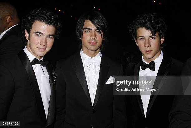 Kevin Jonas, Joe Jonas and Nick Jonas of The Jonas Brothers attend the 2008 Spirit Of Life Award Dinner on October 15, 2008 in Santa Monica,...