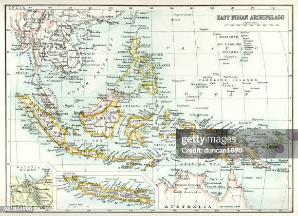 ilustrações, clipart, desenhos animados e ícones de antigo mapa do arquipélago indiano do leste - indonésia