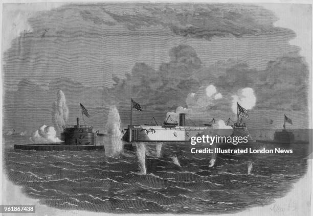 The USS New Ironsides of the Union Navy a wooden-hulled barque-rigged three masted broadside ironclad frigate under the command of Rear Admiral Du...