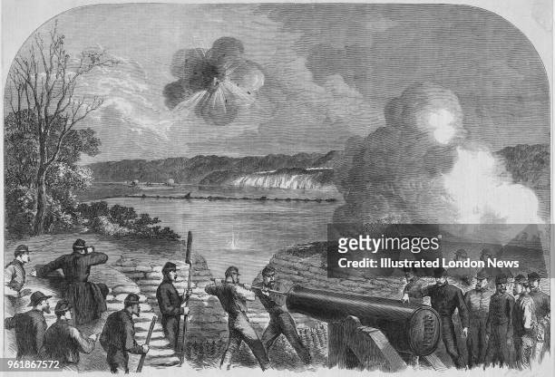Federal Monitor Gunboats USS Onondaga and the USS Mahopac from the Army of the James under Major General Benjamin Franklin Butler come under...