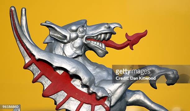 Statue of a dragon holding the Coat of Arms marks the boundary of the City of London on January 26, 2010 in London, United Kingdom. Figures released...