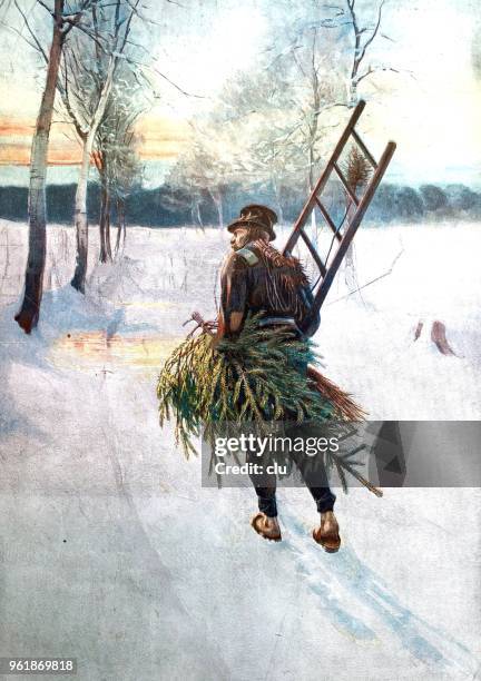 man with a ladder brings home the christmas tree - archival christmas stock illustrations