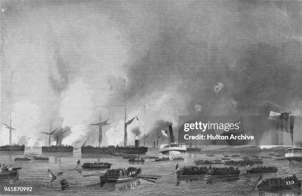 Flotilla of gunboats of the Union Navy drawn from the North Atlantic Blockading Squadron, commanded by Flag Officer Louis M. Goldsborough protect the...