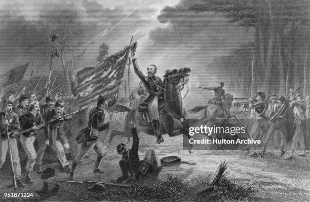 Major General Philip Kearny leads the charge of his 1st Division, III Corps, Army of Virginia troops against Confederate positions at the Battle of...