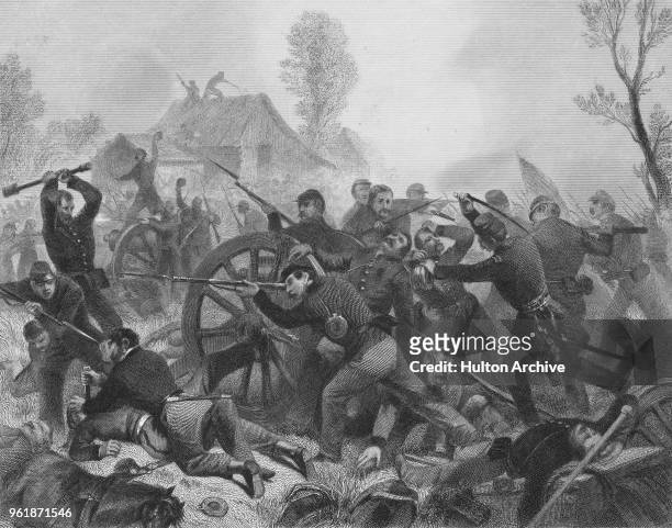Union troops from the 4th Brigade of the 2nd Division Army of the Ohio under the command of Brigadier General Lovell H. Rousseau attack and recapture...