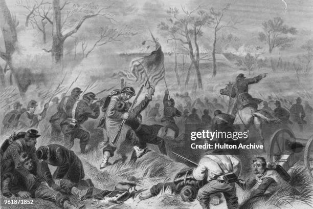 Union soldiers from the Second Division of the Army of the Tennessee commanded by Brigadier General Charles Ferguson Smith charge the Confederate...