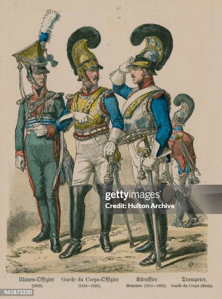 An illustration of the uniforms for Bavarian Lancer, Uhlan an Officer of the Garde du Corps, trooper of Cuirassier and a trumpeter of the Garde du...