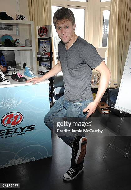 Actor Zach Roerig poses with Heelys at the Lia Sophia Upfront Suite at The London Hotel on May 19, 2009 in New York City.