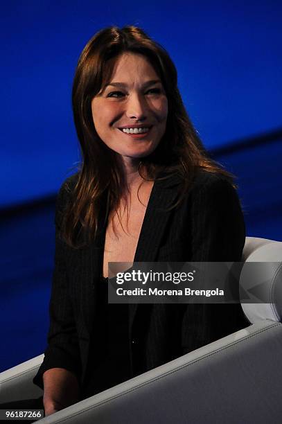 Carla Bruni Sarkozi is a guest on the Italian tv show " Che tempo che fa" on January 25 , 2009. In Milan, Italy.